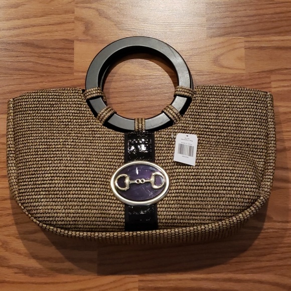 Tan/Black Medallion Bag w/Wooden Handles NWT - Picture 2 of 6